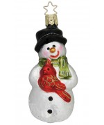 NEW - Inge Glas Glass Ornament - Snowman with Cardinal